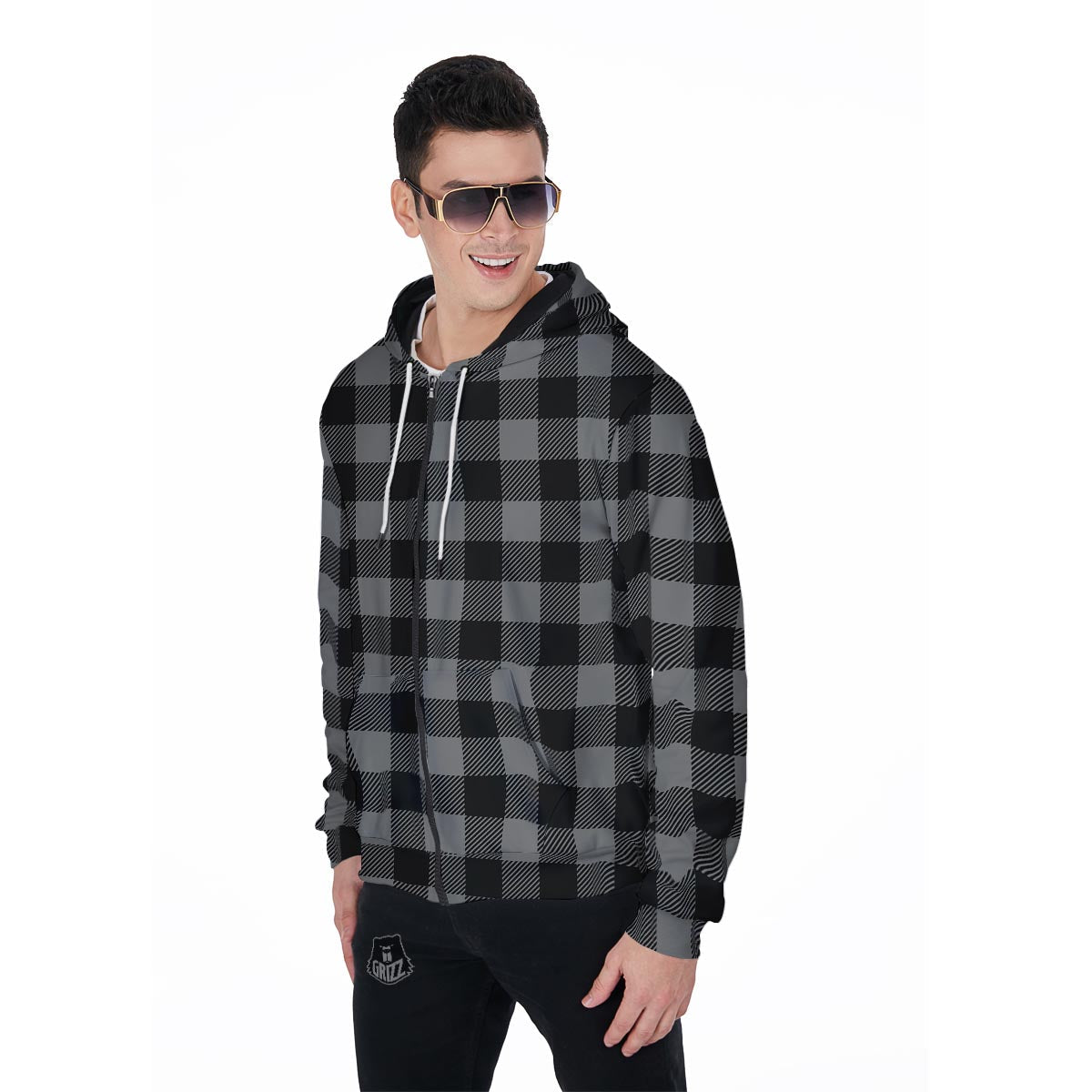 Grey Plaid Men's Zip Up Hoodie-grizzshop