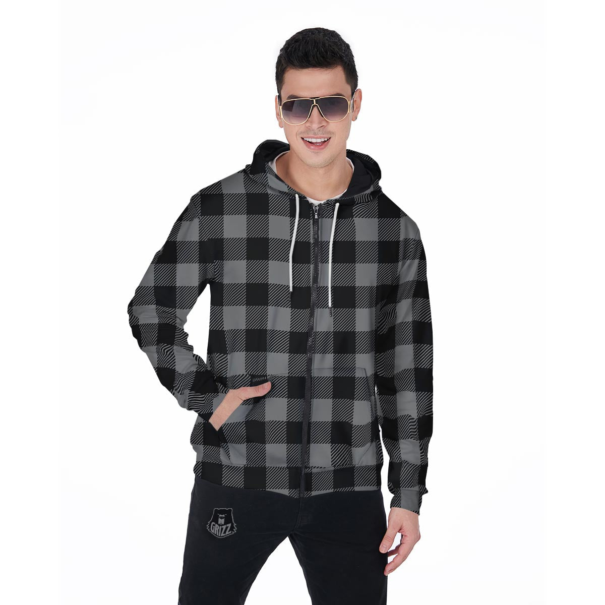 Grey Plaid Men's Zip Up Hoodie-grizzshop