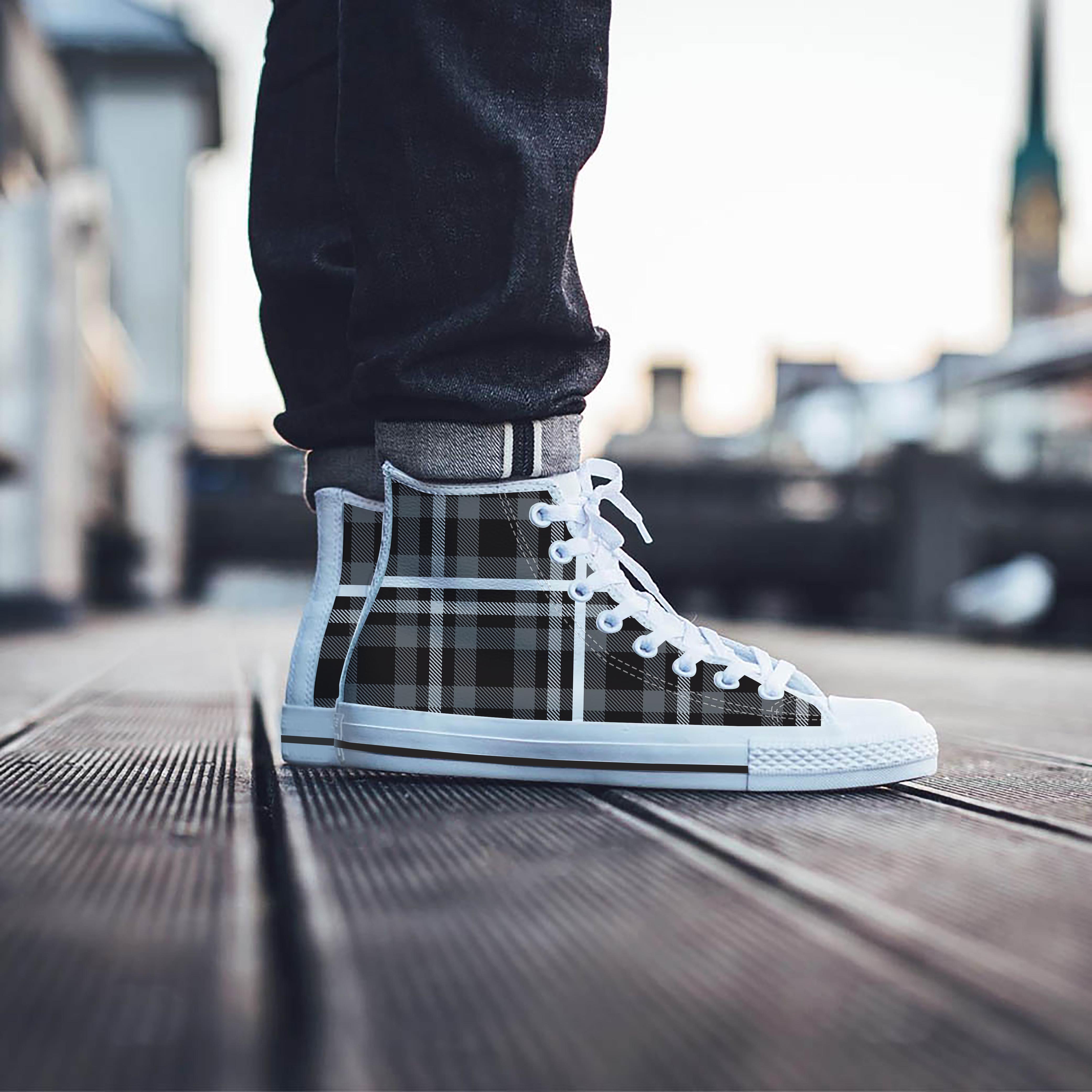 Grey Plaid Tartan Men's High Top Shoes-grizzshop