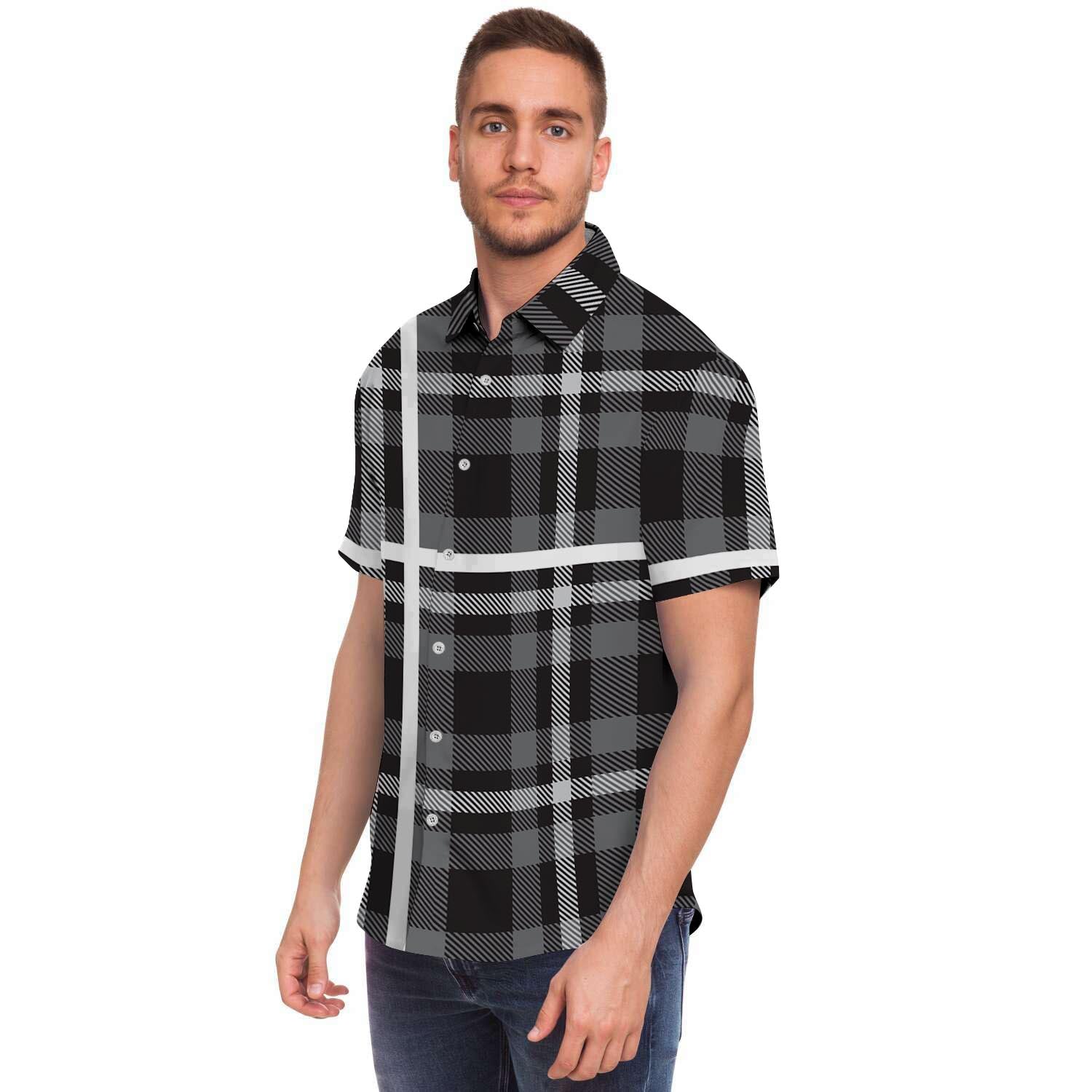 Grey Plaid Tartan Men's Short Sleeve Shirt-grizzshop