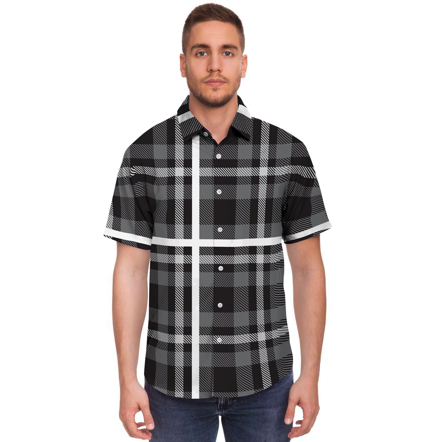 Grey Plaid Tartan Men's Short Sleeve Shirt-grizzshop