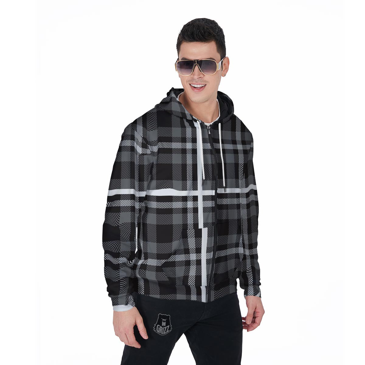 Grey Plaid Tartan Men's Zip Up Hoodie-grizzshop