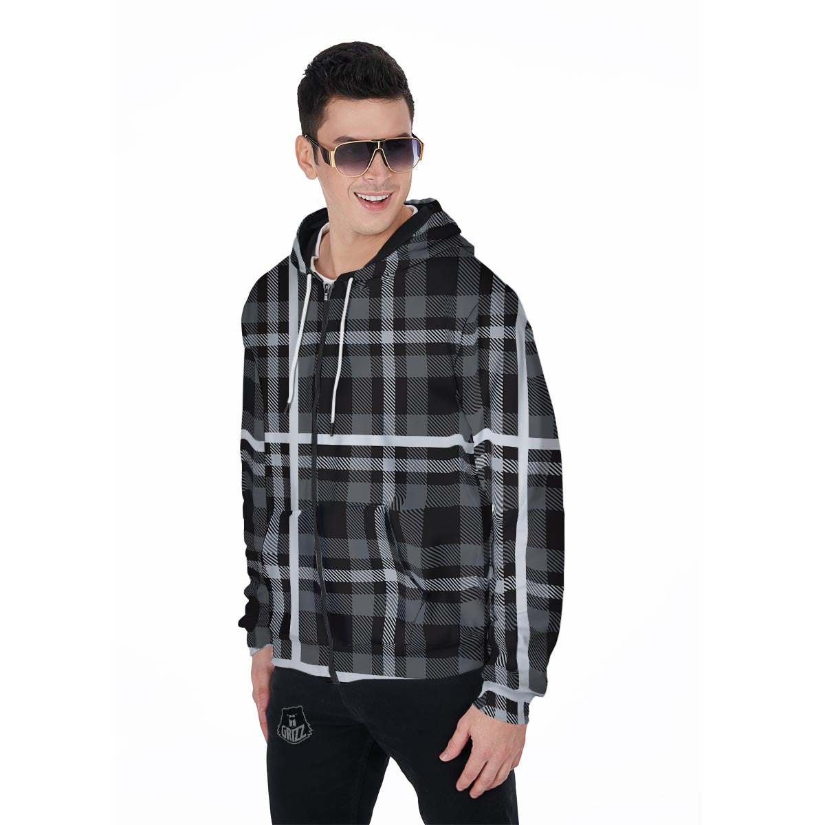 Grey Plaid Tartan Men's Zip Up Hoodie-grizzshop