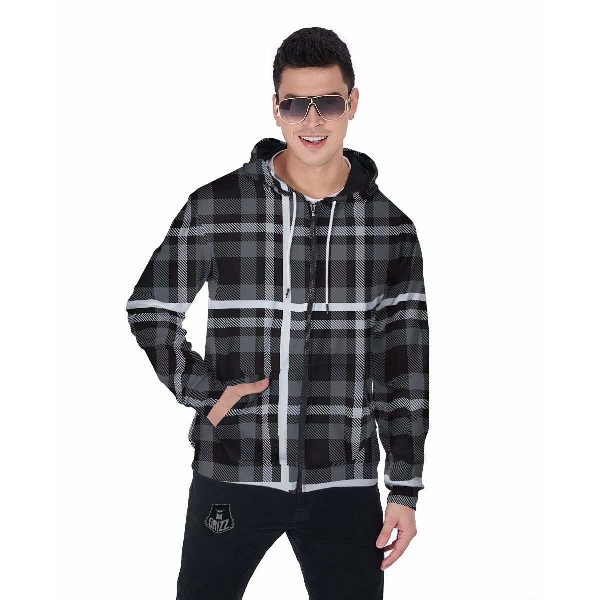 Grey Plaid Tartan Men's Zip Up Hoodie-grizzshop