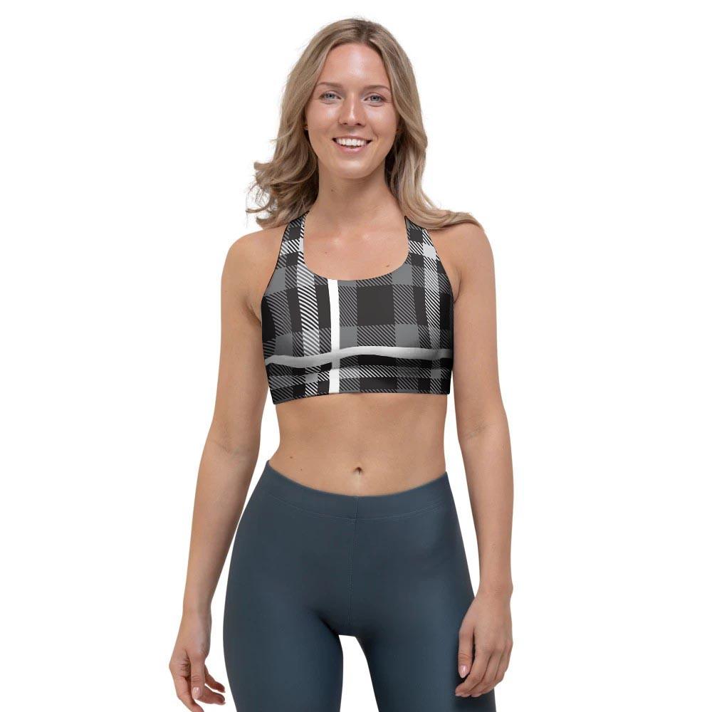 Grey Plaid Tartan Sports Bra-grizzshop