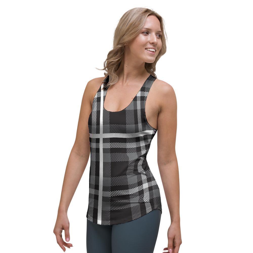 Grey Plaid Tartan Women's Racerback Tank Top-grizzshop