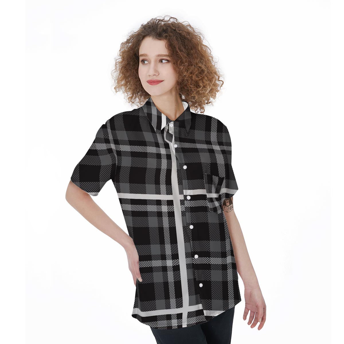 Grey Plaid Tartan Women's Short Sleeve Shirts-grizzshop