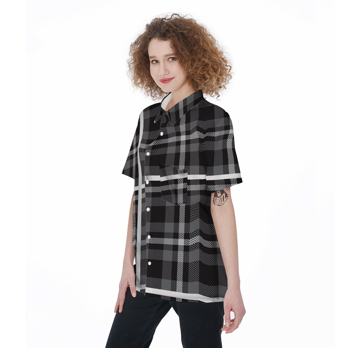 Grey Plaid Tartan Women's Short Sleeve Shirts-grizzshop
