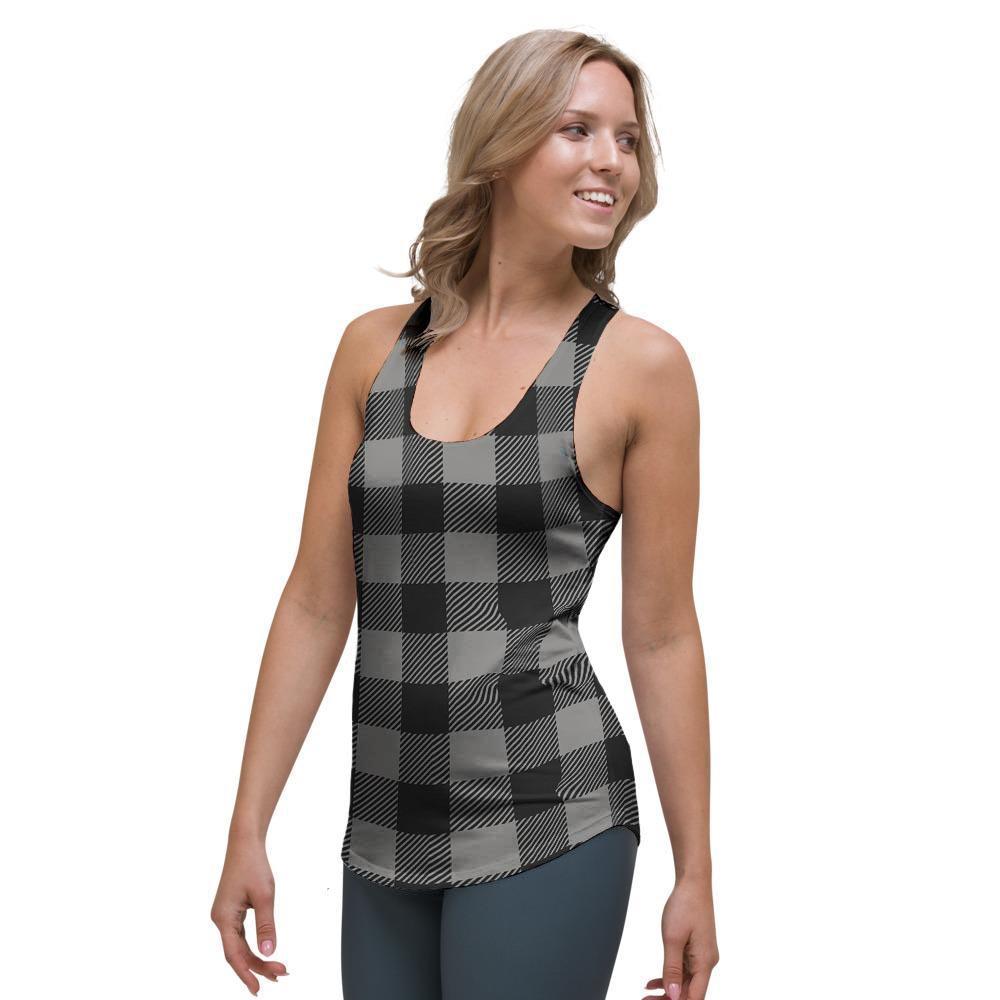 Grey Plaid Women's Racerback Tank Top-grizzshop