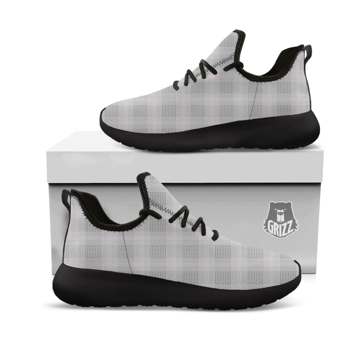 Grey Prince Of Wales Check Print Black Athletic Shoes-grizzshop