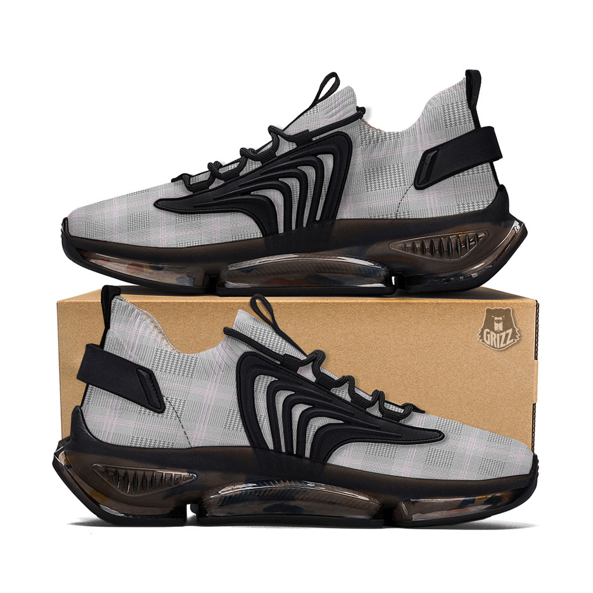 Grey Prince Of Wales Check Print Black Gym Shoes-grizzshop