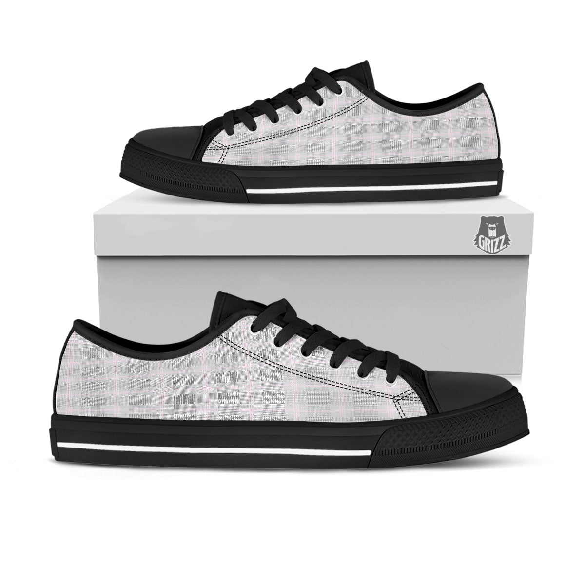 Grey Prince Of Wales Check Print Black Low Top Shoes-grizzshop