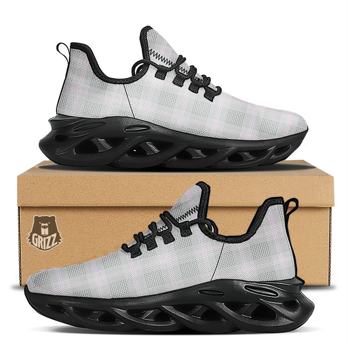 Grey Prince Of Wales Check Print Black Running Shoes-grizzshop