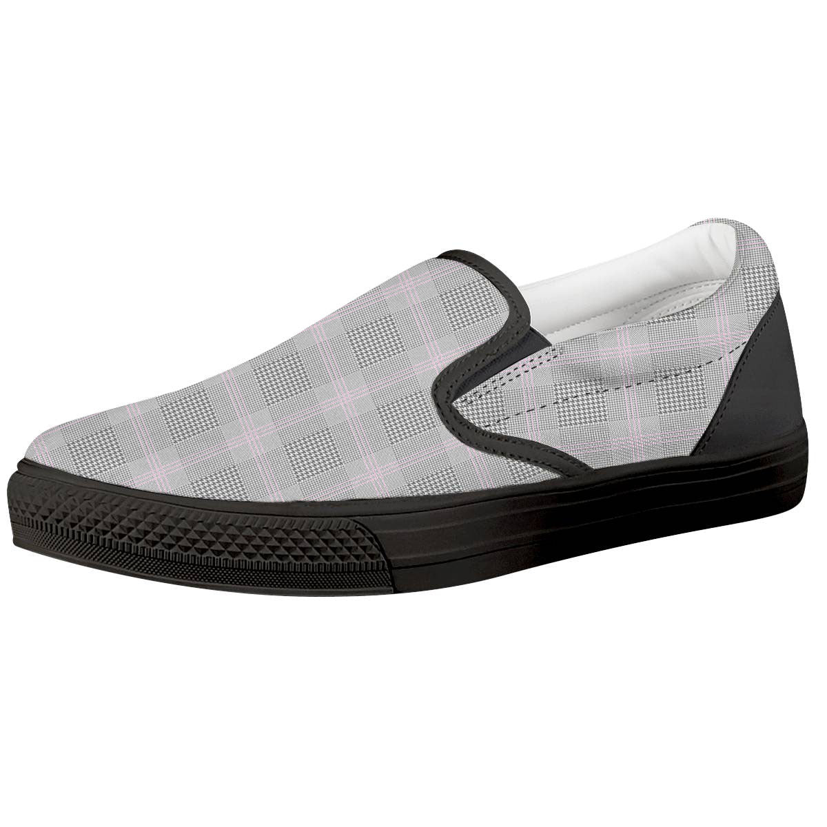 Grey Prince Of Wales Check Print Black Slip On Shoes-grizzshop