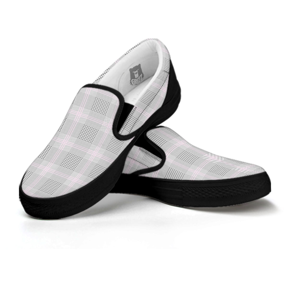 Grey Prince Of Wales Check Print Black Slip On Shoes-grizzshop