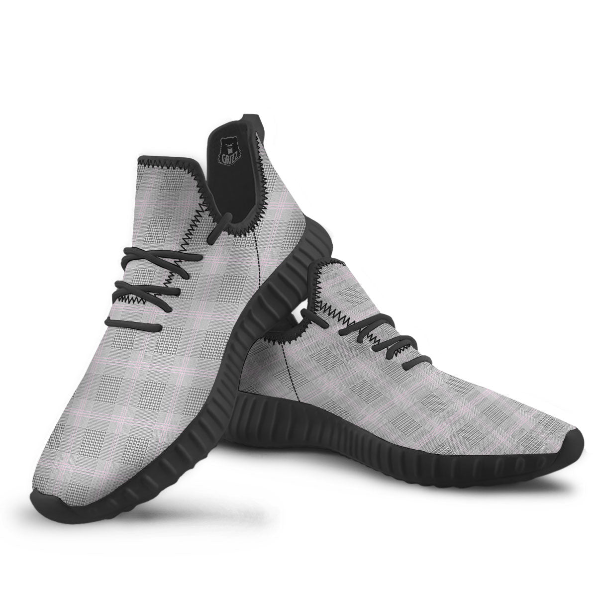 Grey Prince Of Wales Check Print Black Walking Shoes-grizzshop