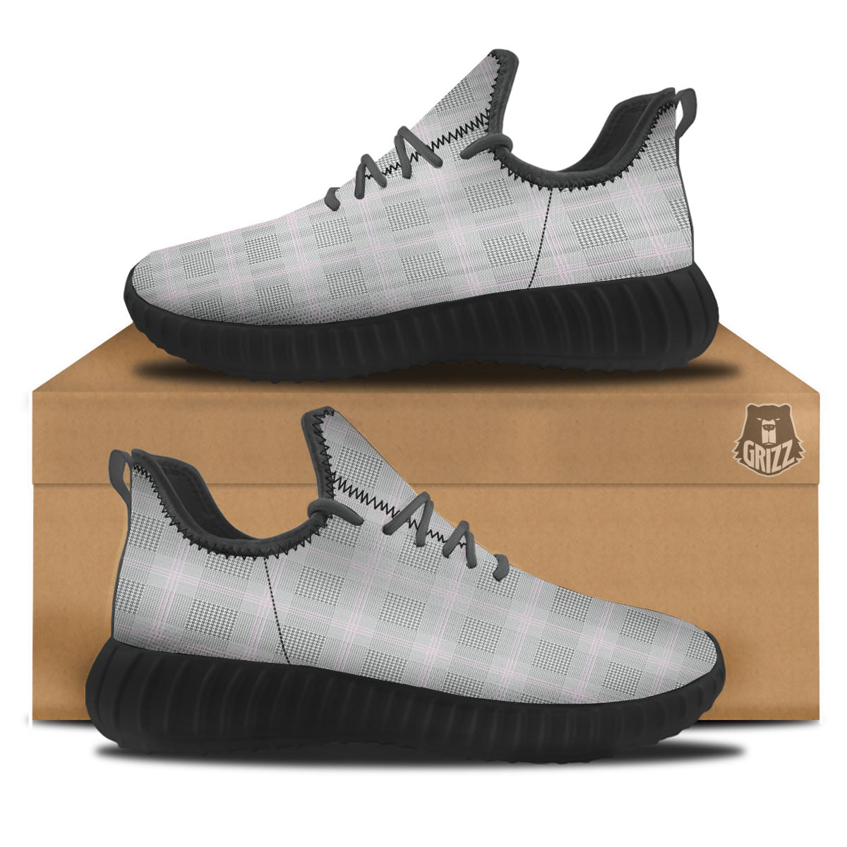 Grey Prince Of Wales Check Print Black Walking Shoes-grizzshop