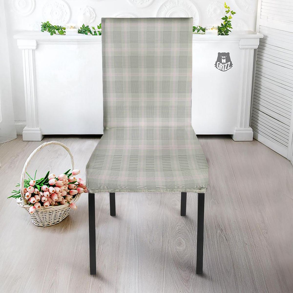 Grey Prince Of Wales Check Print Dining Chair Slipcover-grizzshop