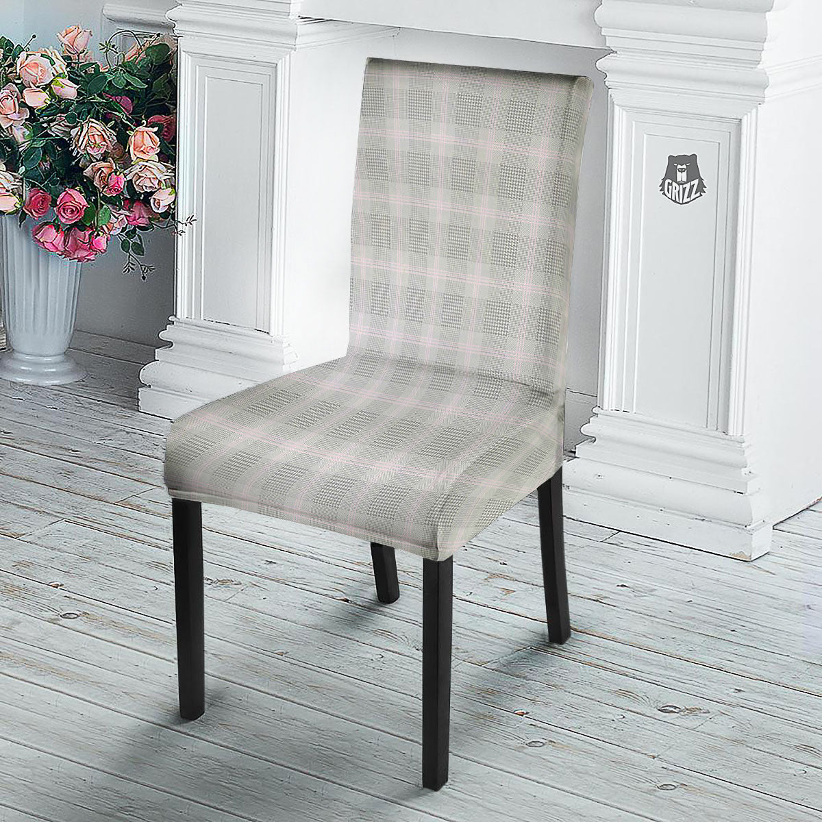 Grey Prince Of Wales Check Print Dining Chair Slipcover-grizzshop