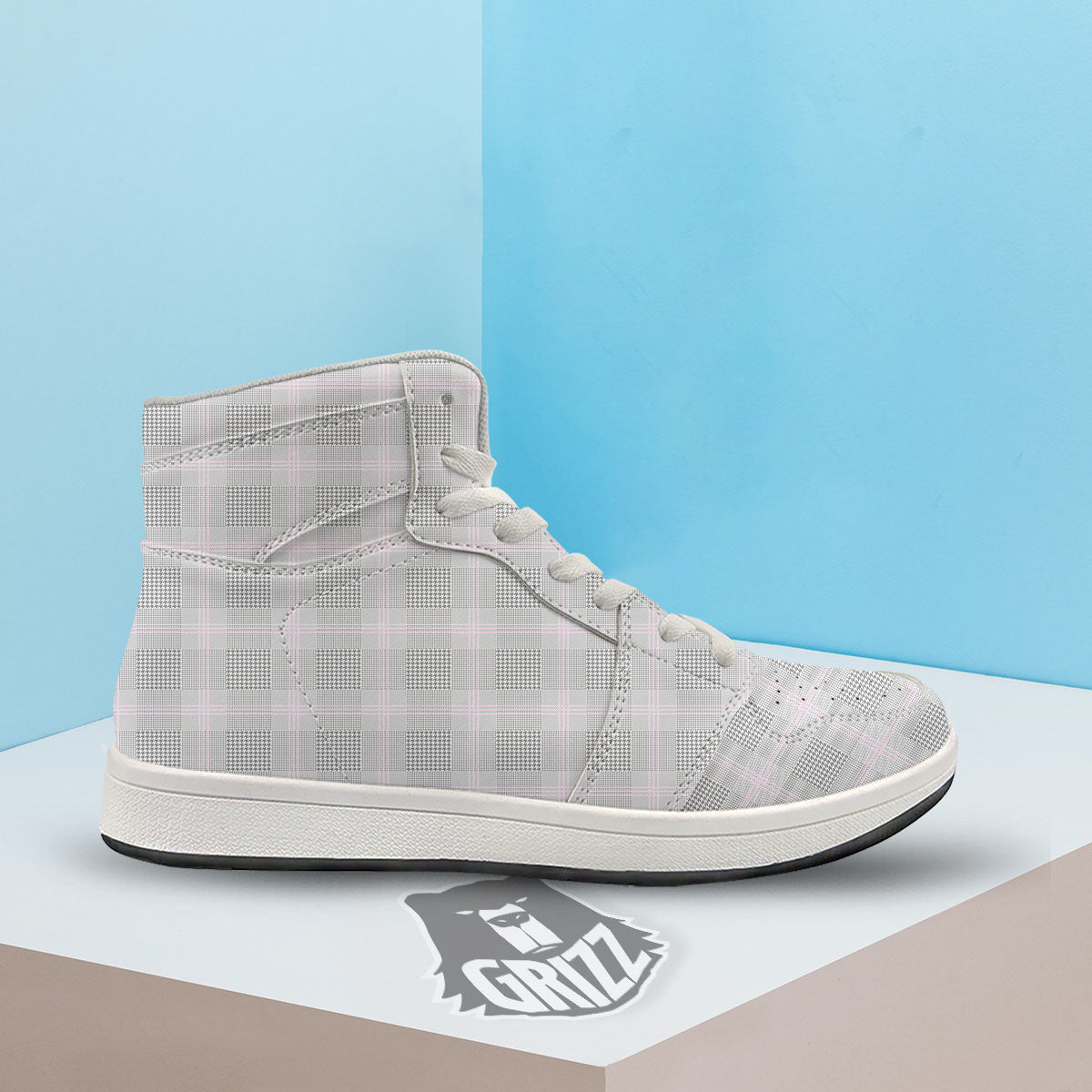 Grey Prince Of Wales Check Print High Top Sneakers-grizzshop