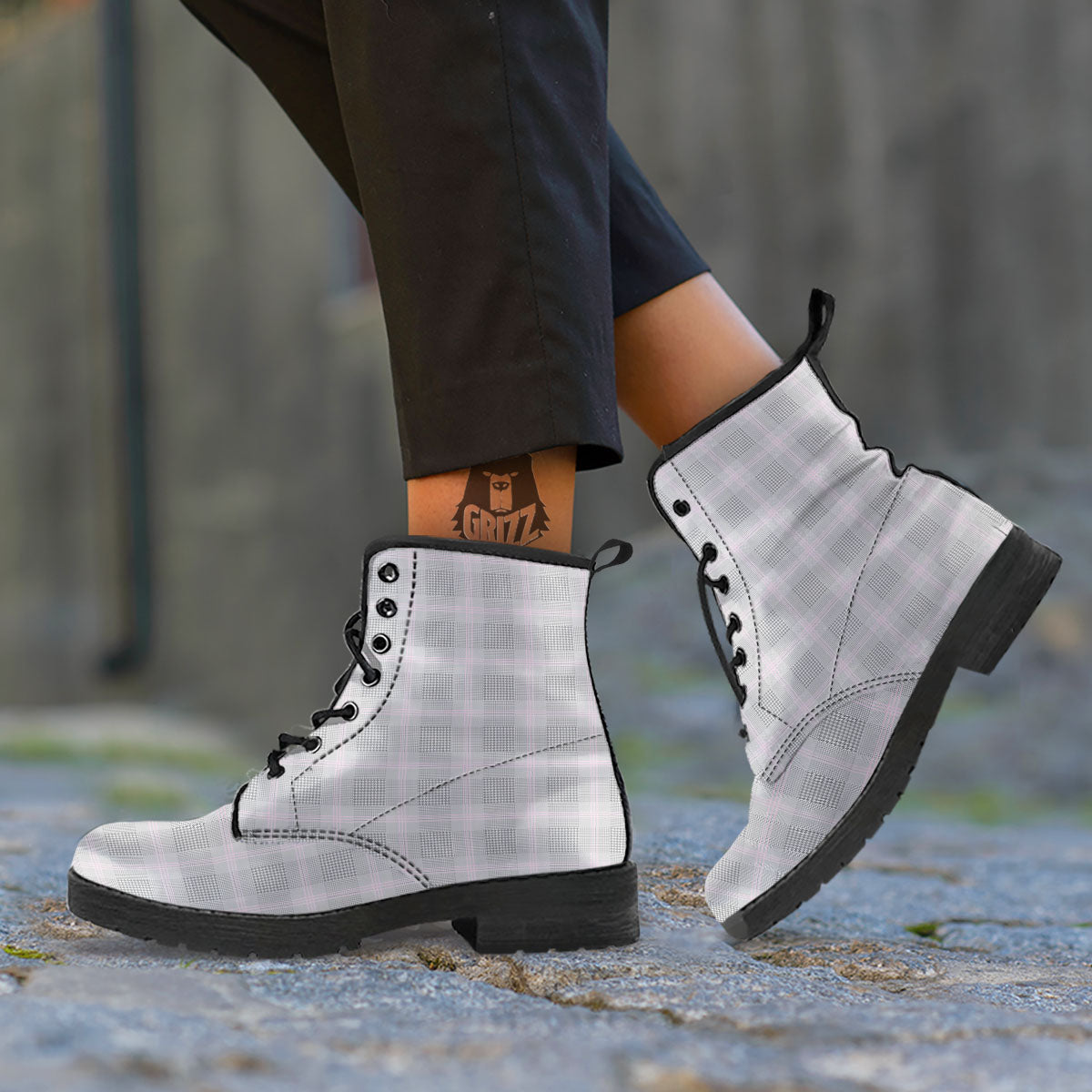 Grey Prince Of Wales Check Print Leather Boots-grizzshop