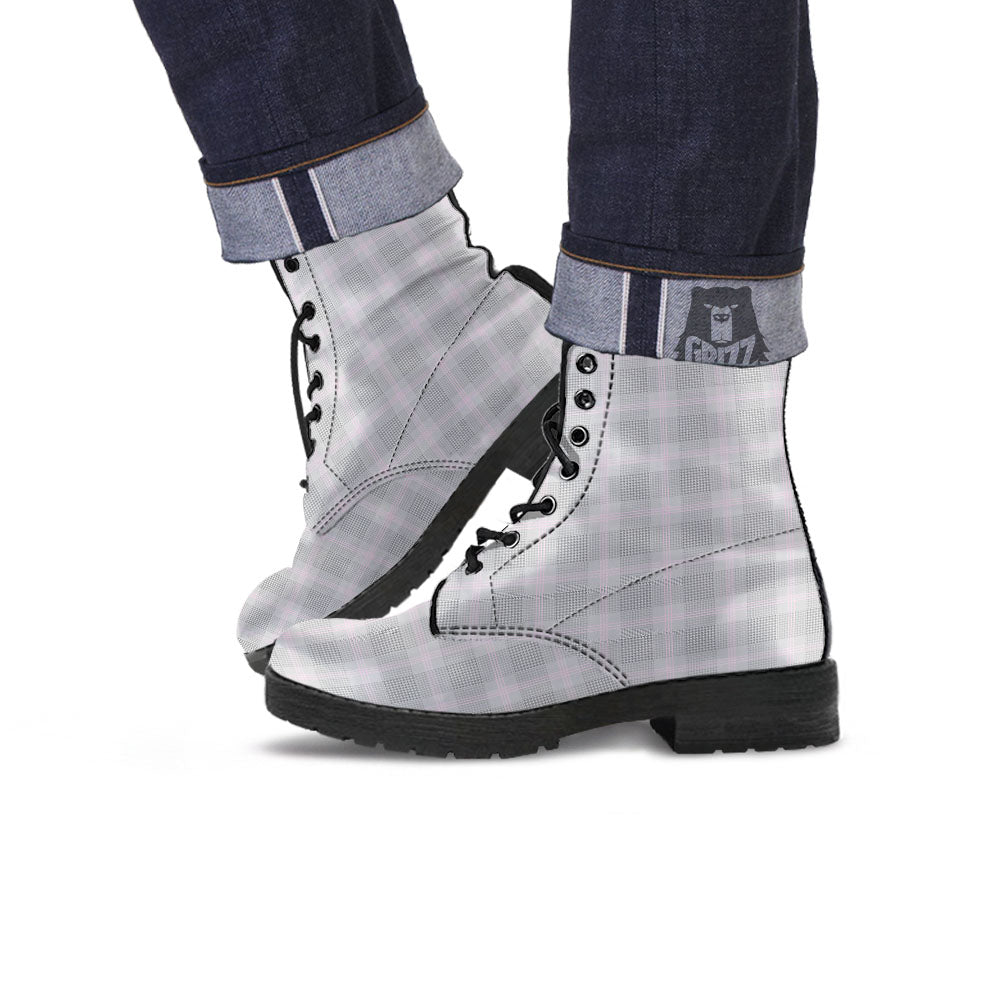 Grey Prince Of Wales Check Print Leather Boots-grizzshop