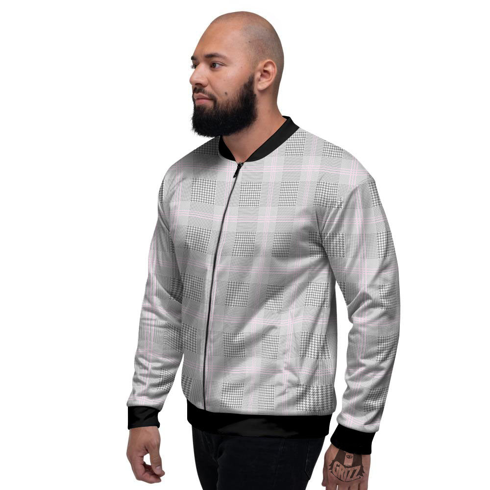 Grey Prince Of Wales Check Print Men's Bomber Jacket-grizzshop