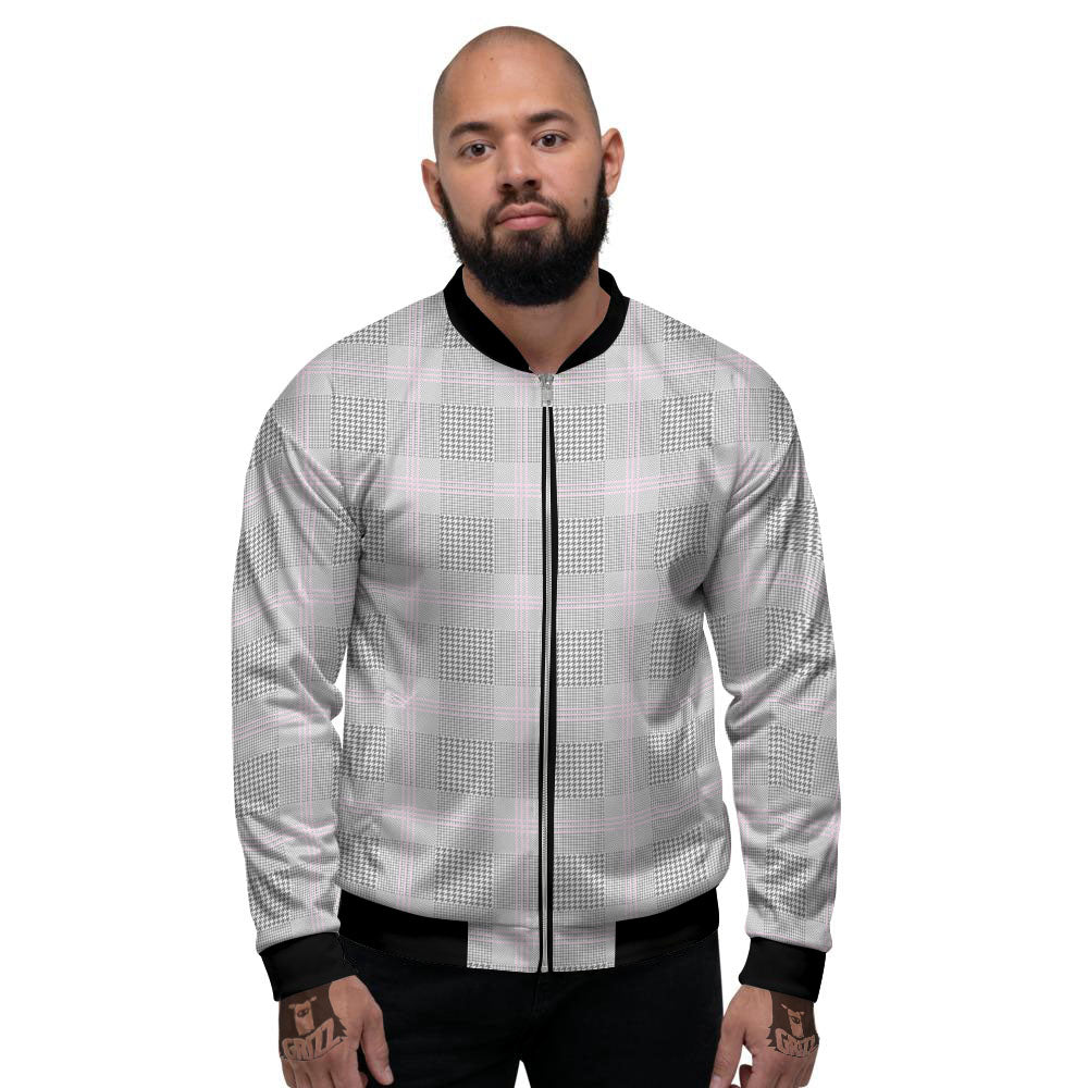 Grey Prince Of Wales Check Print Men's Bomber Jacket-grizzshop