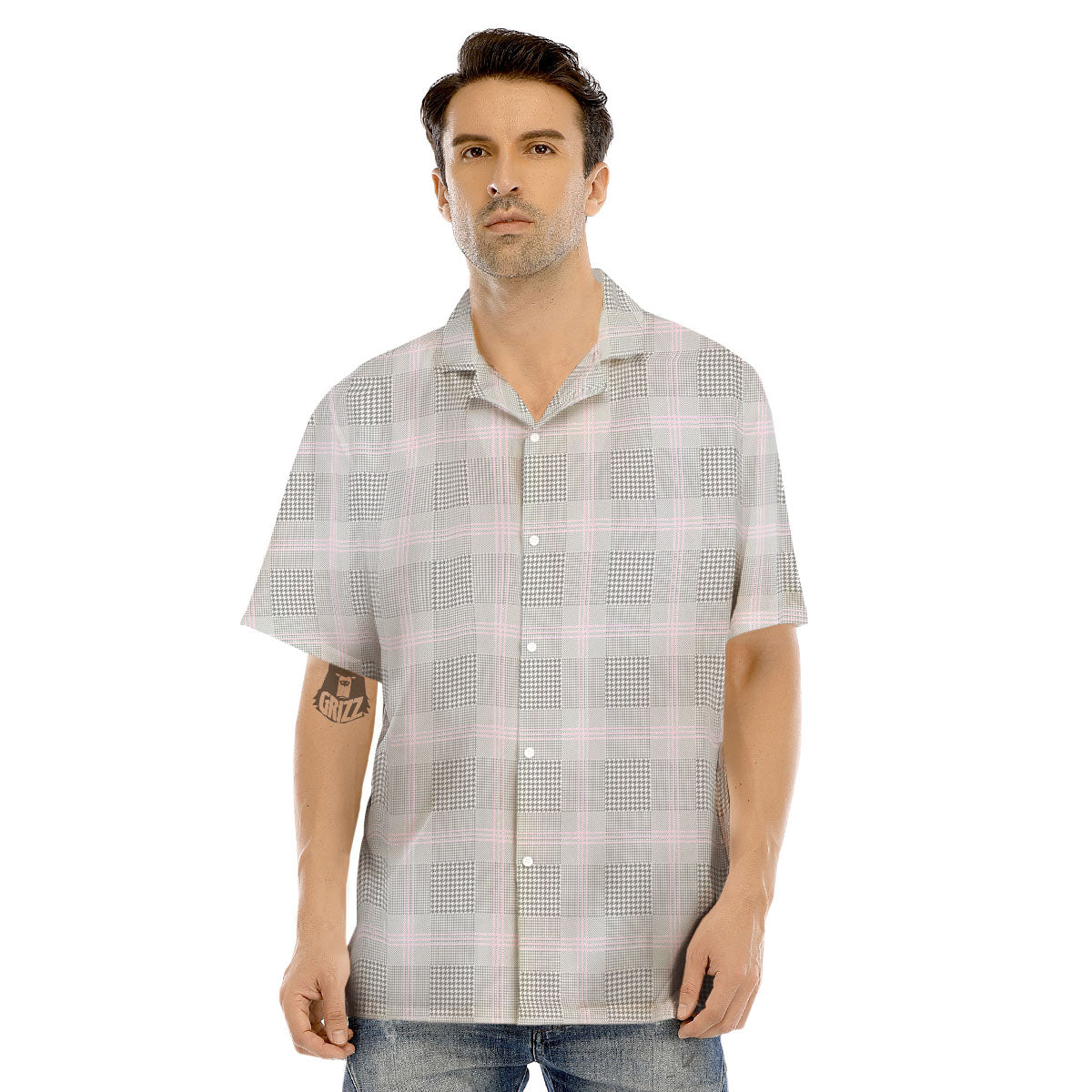 Grey Prince Of Wales Check Print Men's Hawaiian Shirt-grizzshop