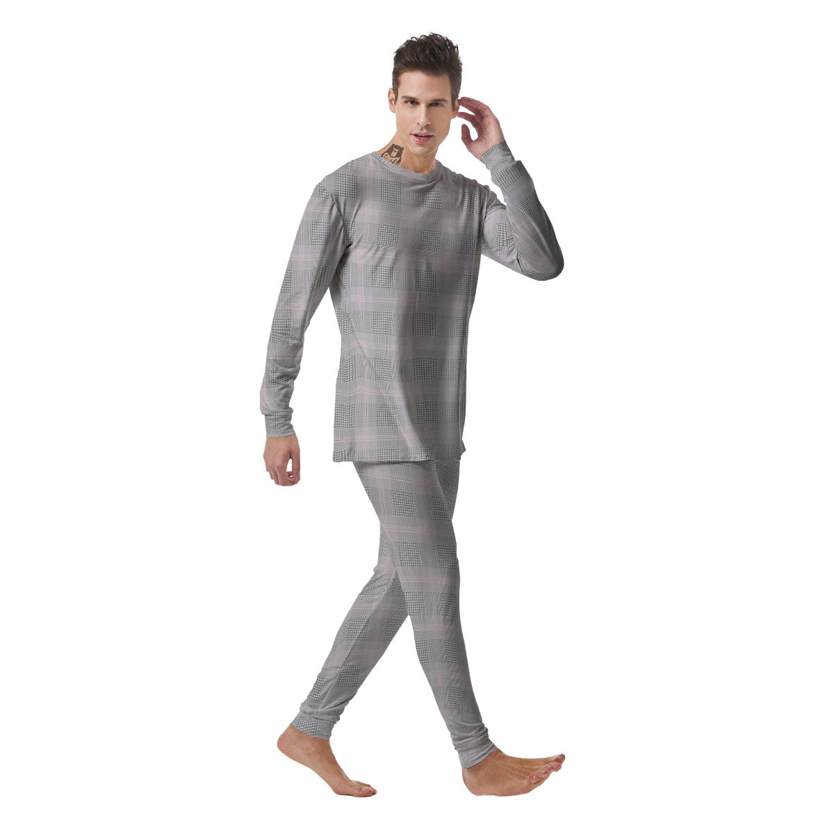 Grey Prince Of Wales Check Print Men's Pajamas-grizzshop