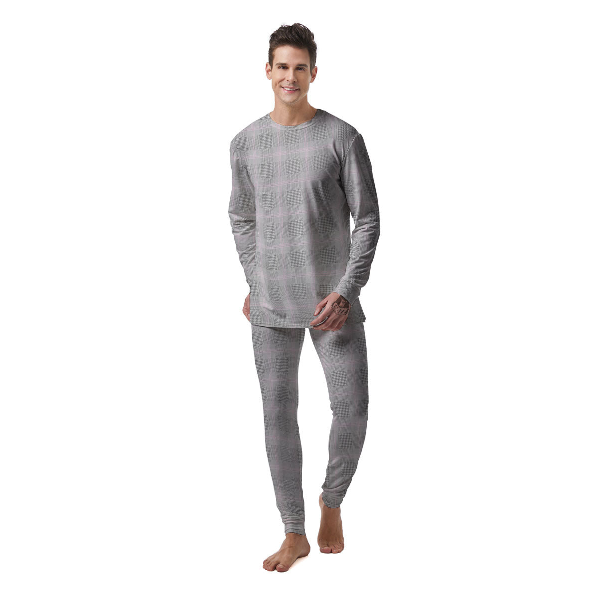 Grey Prince Of Wales Check Print Men's Pajamas-grizzshop