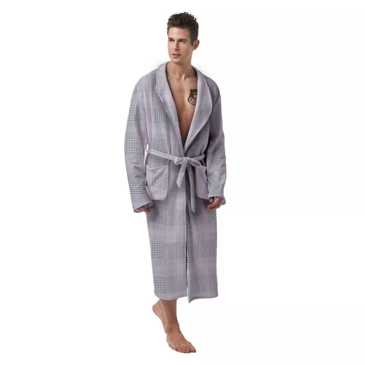 Grey Prince Of Wales Check Print Men's Robe-grizzshop