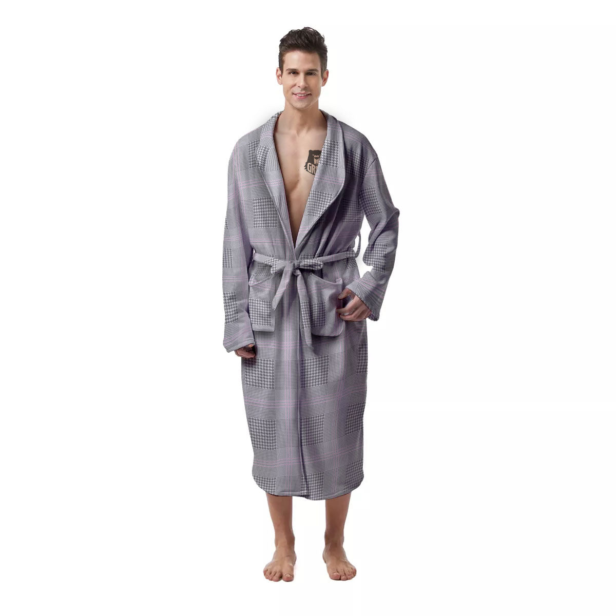 Grey Prince Of Wales Check Print Men's Robe-grizzshop