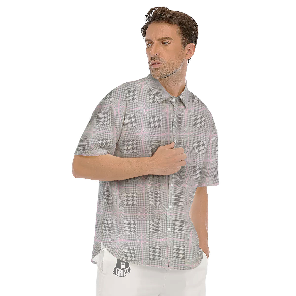 Grey Prince Of Wales Check Print Men's Short Sleeve Shirts-grizzshop