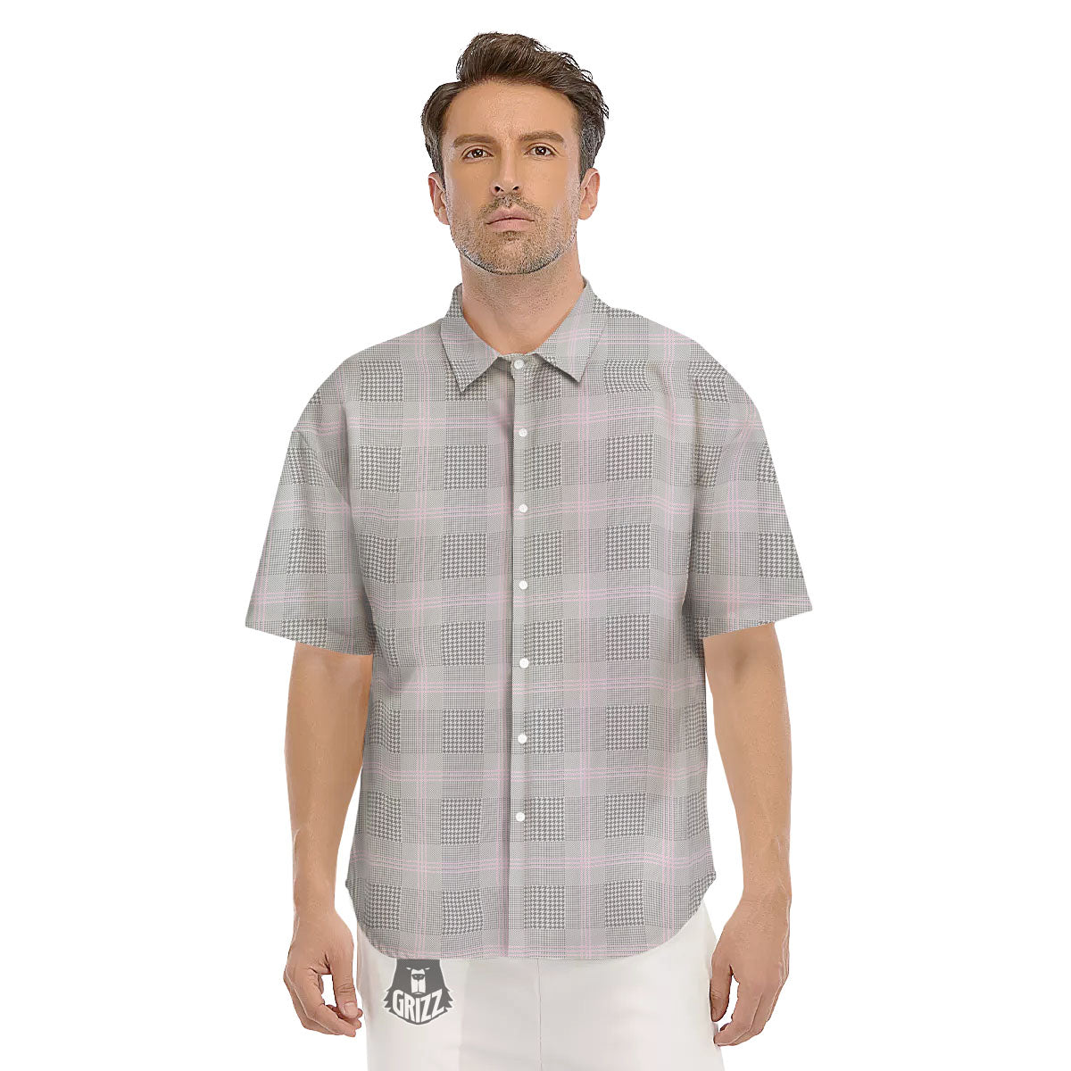 Grey Prince Of Wales Check Print Men's Short Sleeve Shirts-grizzshop