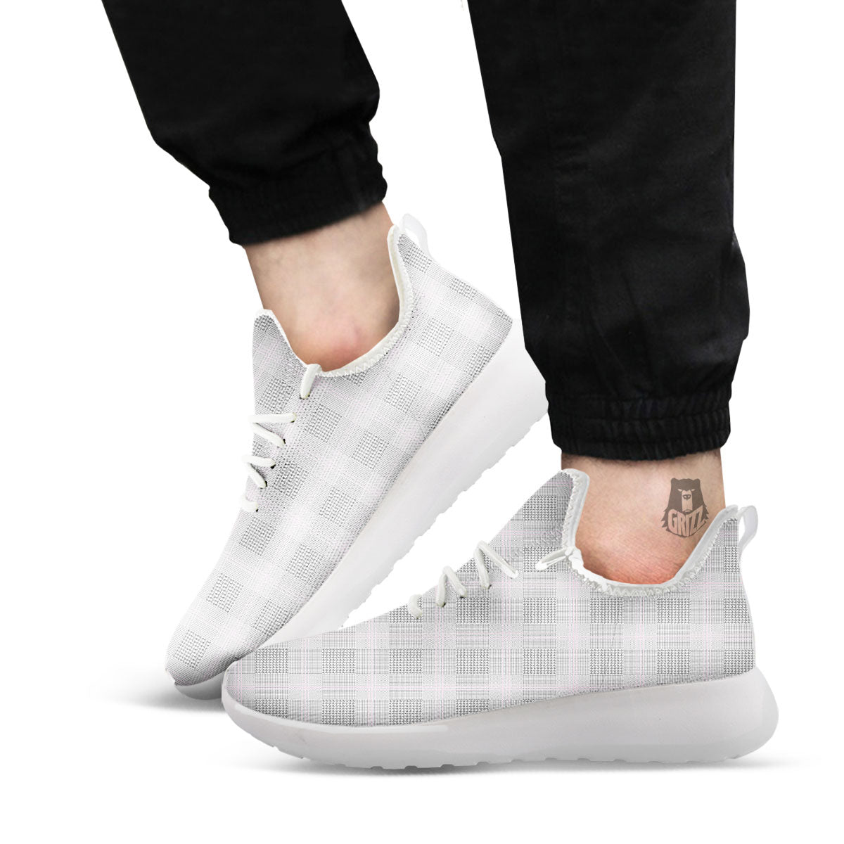 Grey Prince Of Wales Check Print White Athletic Shoes-grizzshop