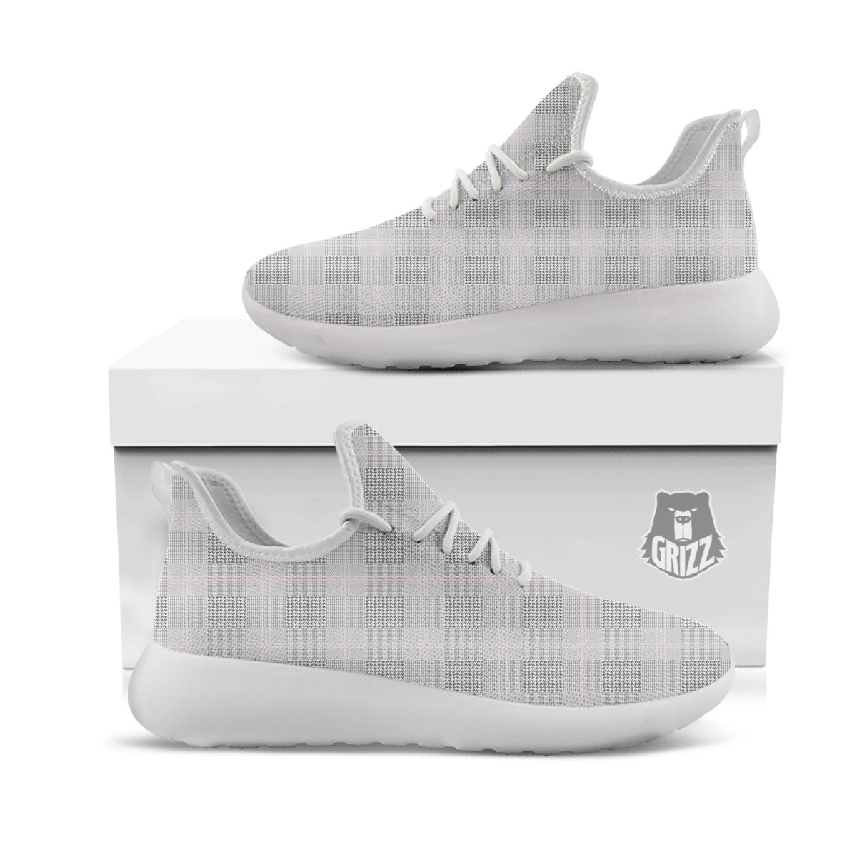 Grey Prince Of Wales Check Print White Athletic Shoes-grizzshop