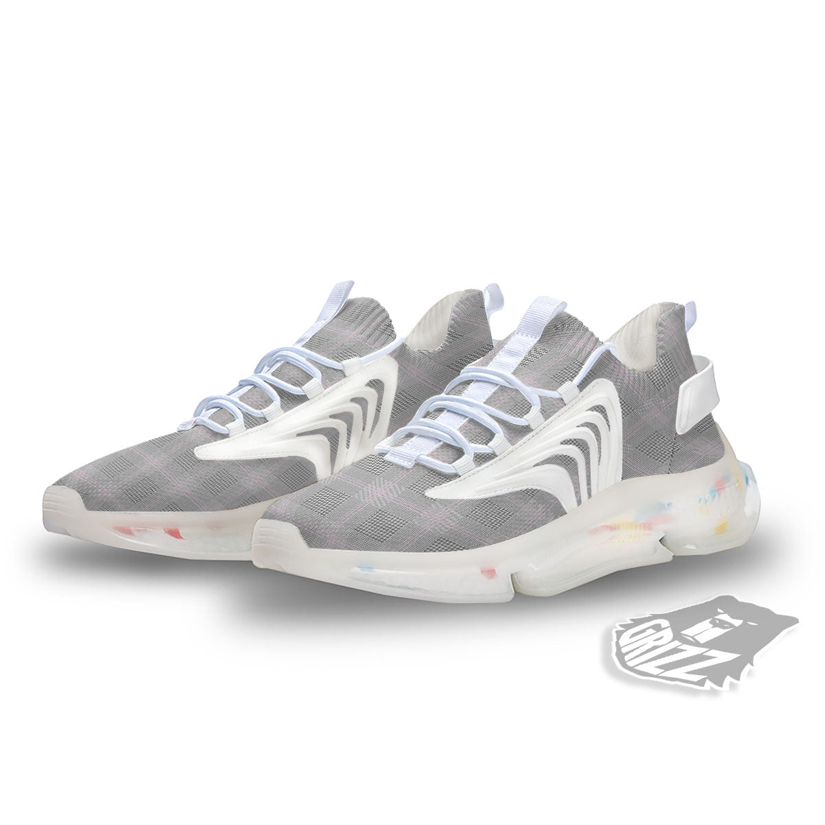 Grey Prince Of Wales Check Print White Gym Shoes-grizzshop