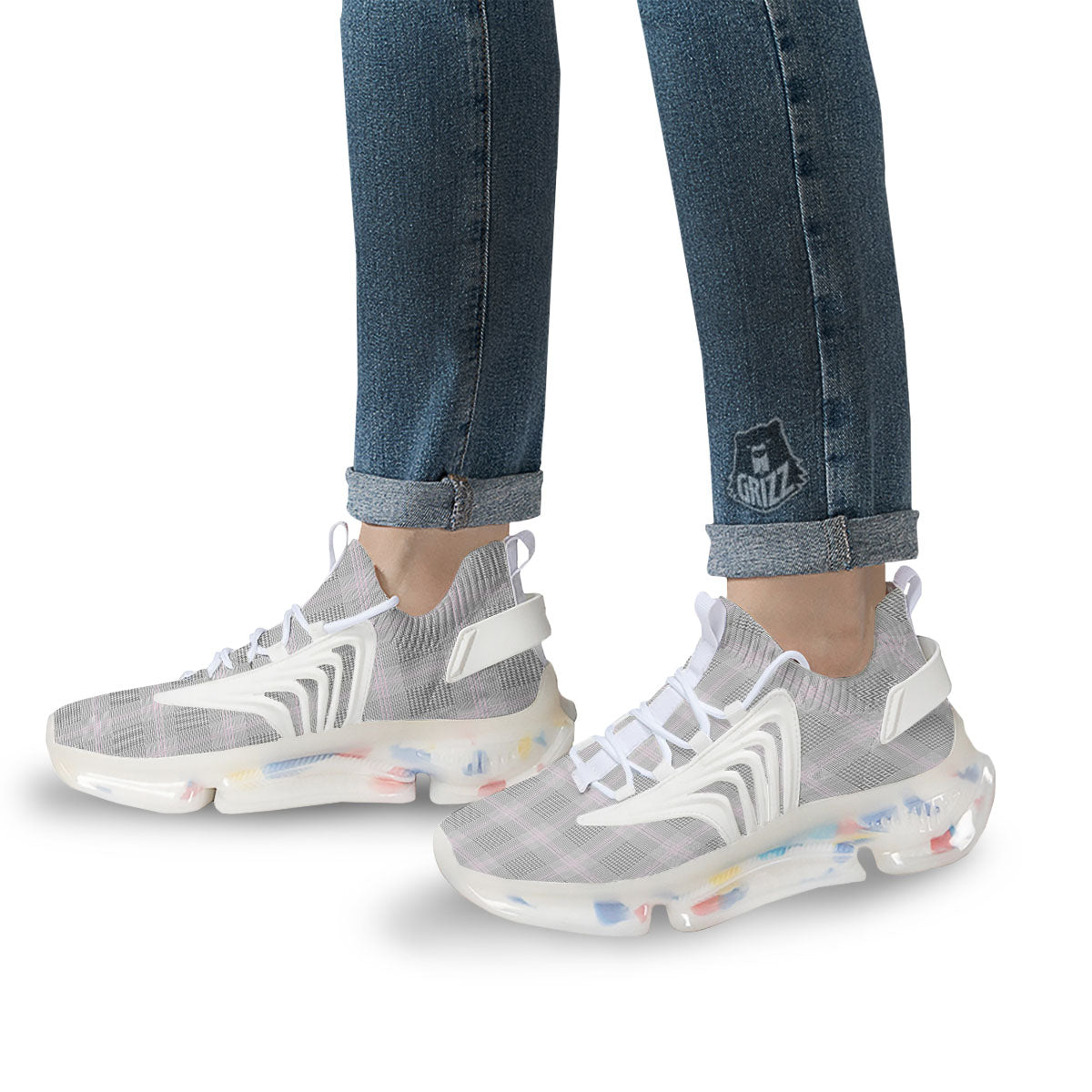 Grey Prince Of Wales Check Print White Gym Shoes-grizzshop
