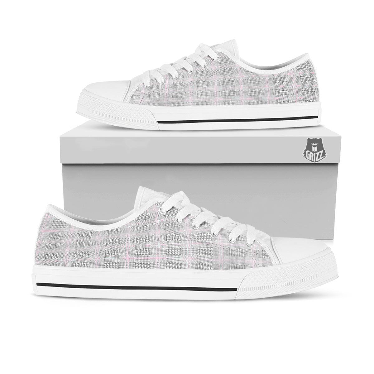 Grey Prince Of Wales Check Print White Low Top Shoes-grizzshop