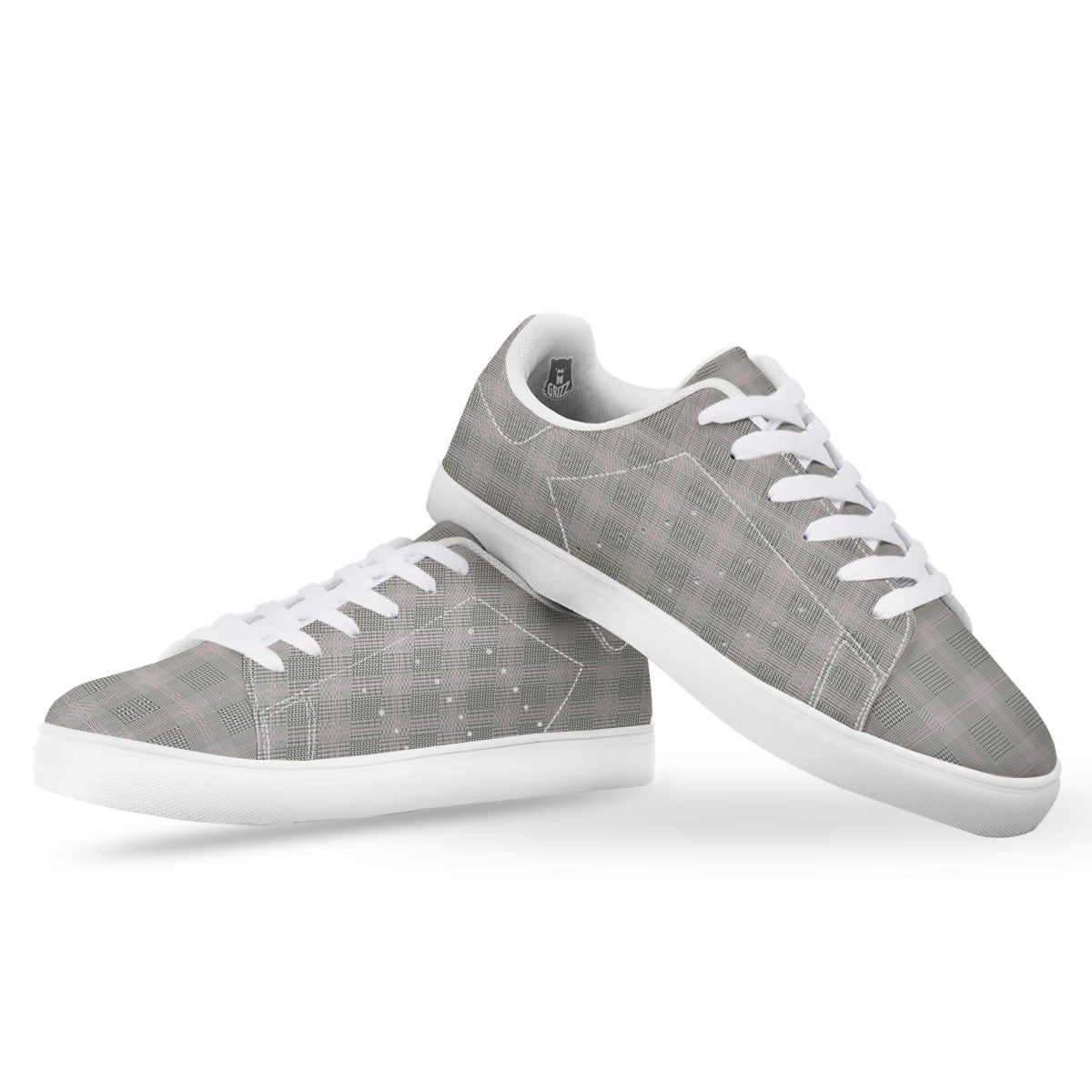 Grey Prince Of Wales Check Print White Low Top Sneakers-grizzshop