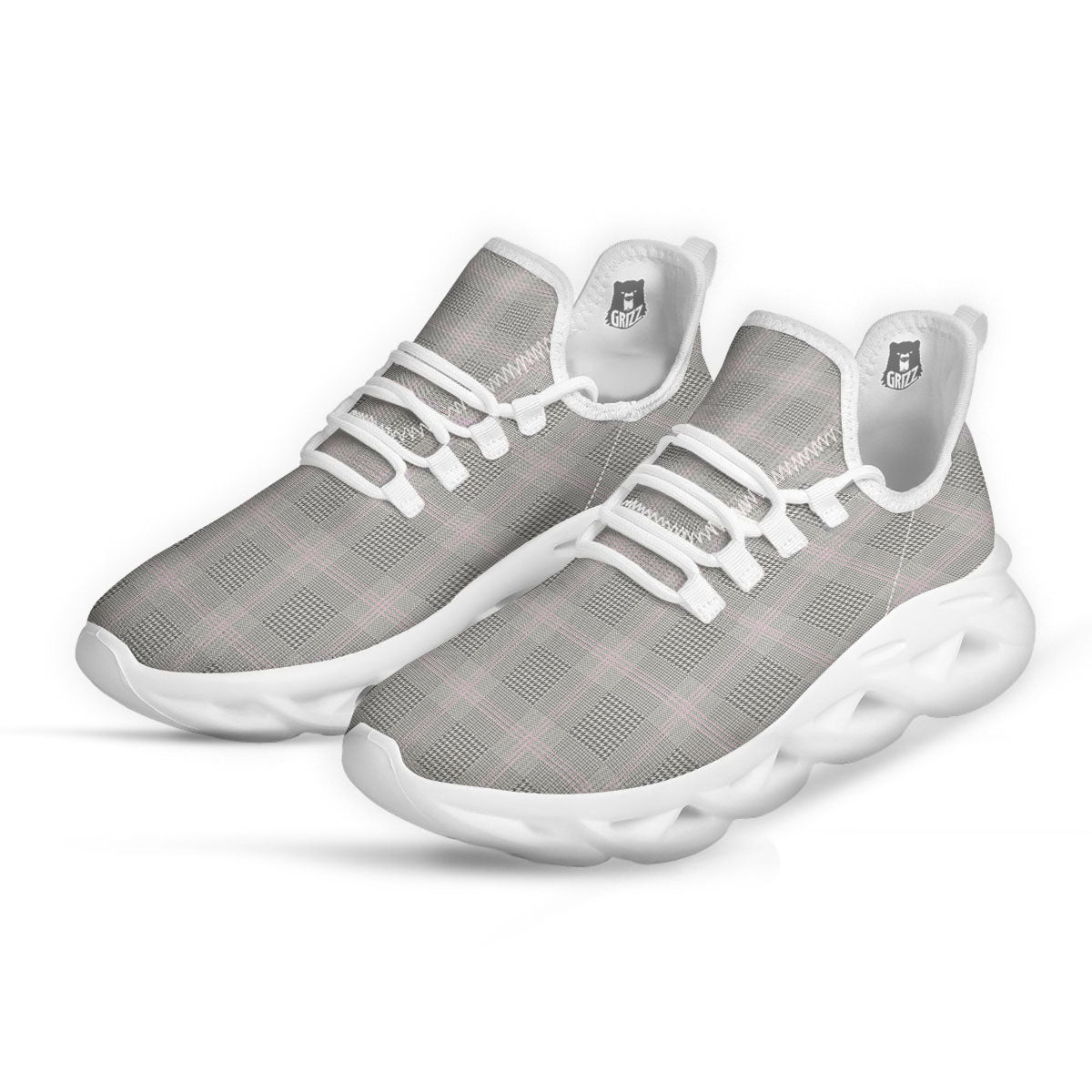 Grey Prince Of Wales Check Print White Running Shoes-grizzshop