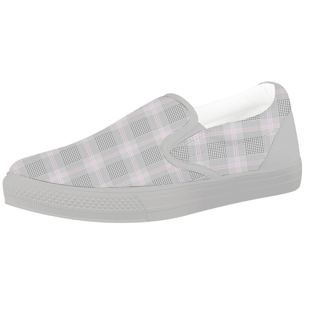 Grey Prince Of Wales Check Print White Slip On Shoes-grizzshop