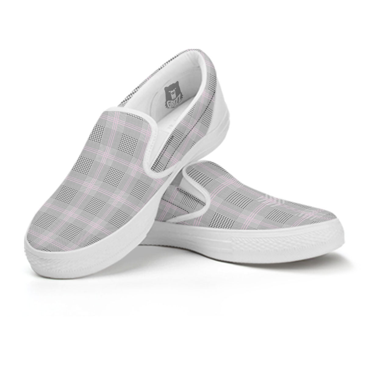 Grey Prince Of Wales Check Print White Slip On Shoes-grizzshop