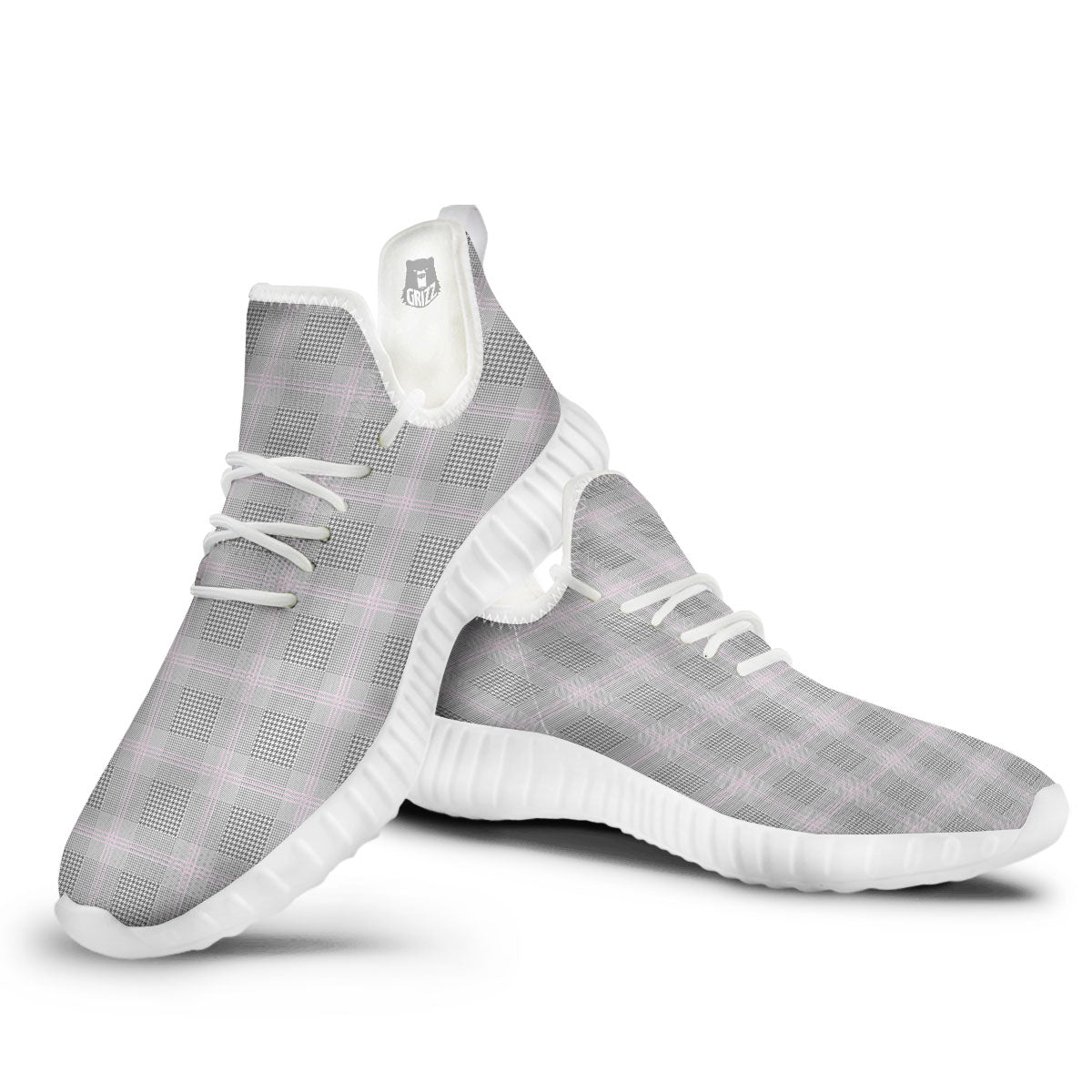 Grey Prince Of Wales Check Print White Walking Shoes-grizzshop