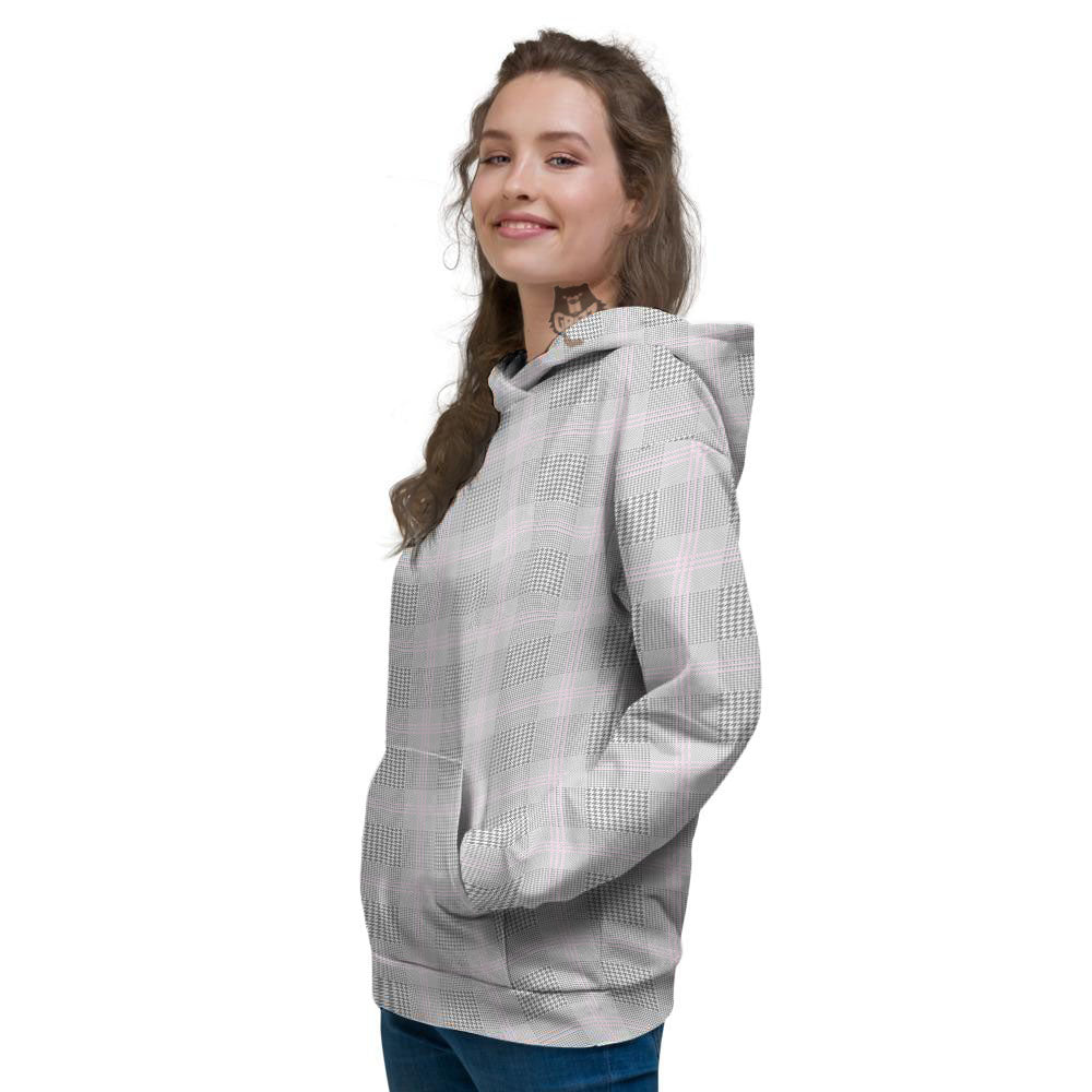 Grey Prince Of Wales Check Print Women's Hoodie-grizzshop