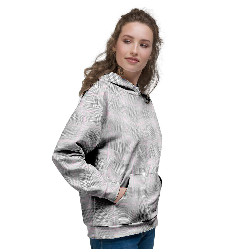 Grey Prince Of Wales Check Print Women's Hoodie-grizzshop