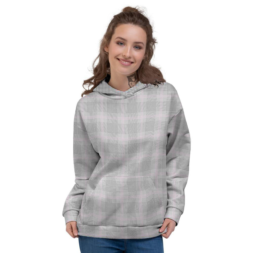 Grey Prince Of Wales Check Print Women's Hoodie-grizzshop