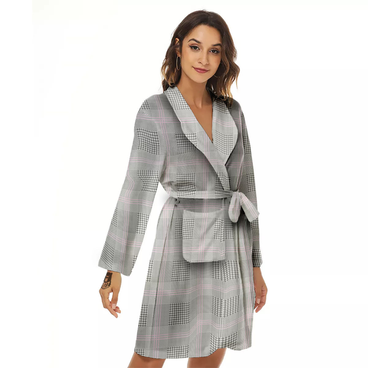 Grey Prince Of Wales Check Print Women's Robe-grizzshop