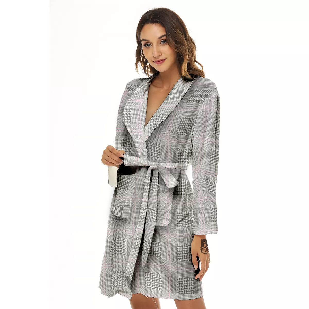 Grey Prince Of Wales Check Print Women's Robe-grizzshop